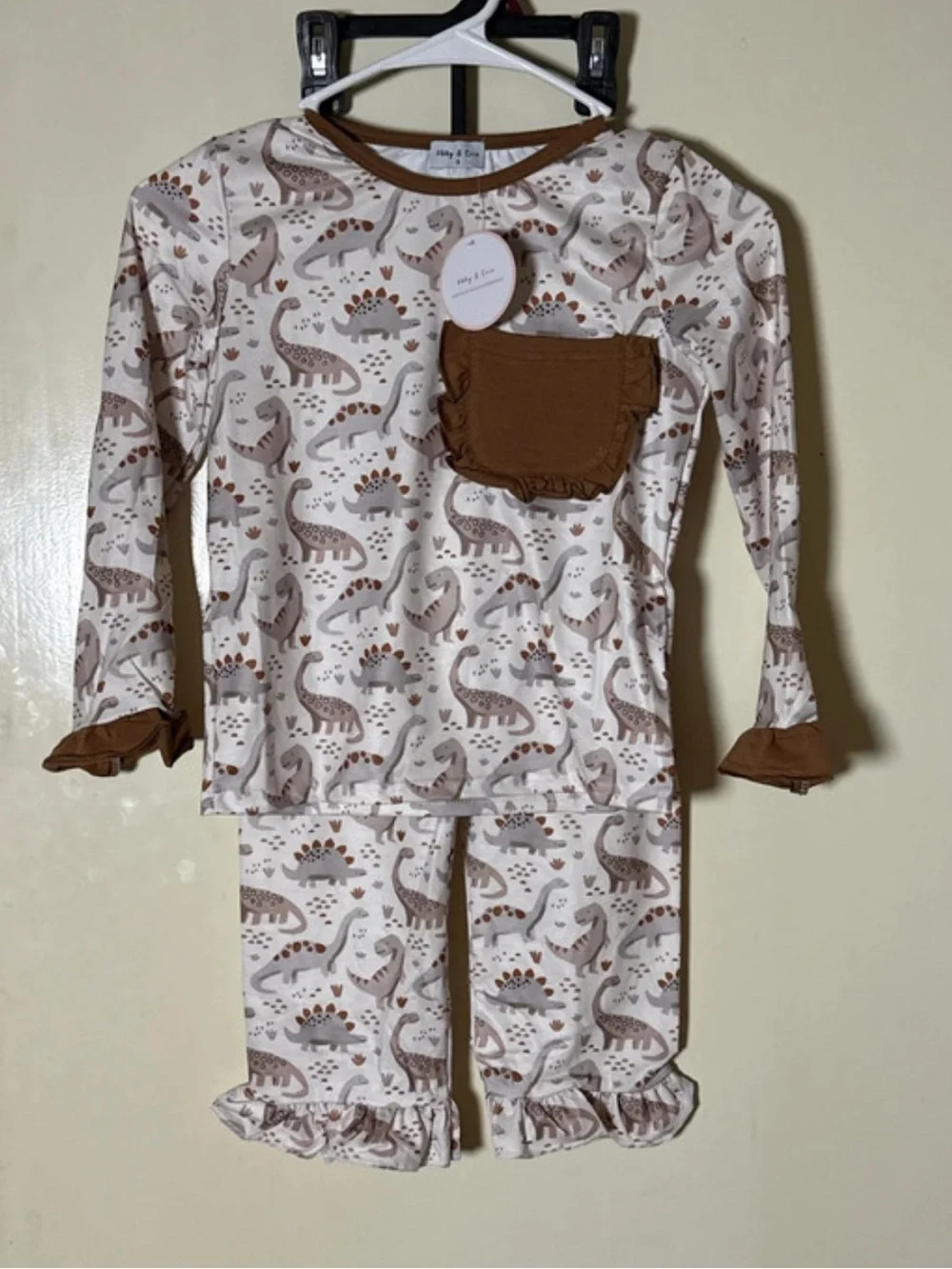 Cozy Brown Dinosaur Ruffle Pocket Pajama Set - Kids